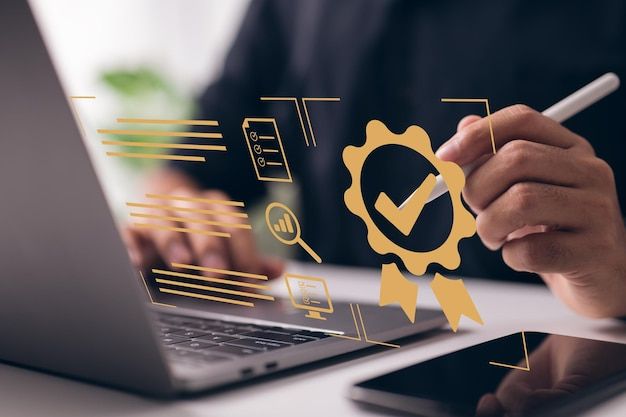 this is what a businessman looks like while working he has the sign of the best service quality assurance guarantee standards iso certification standardization and so on premium photo